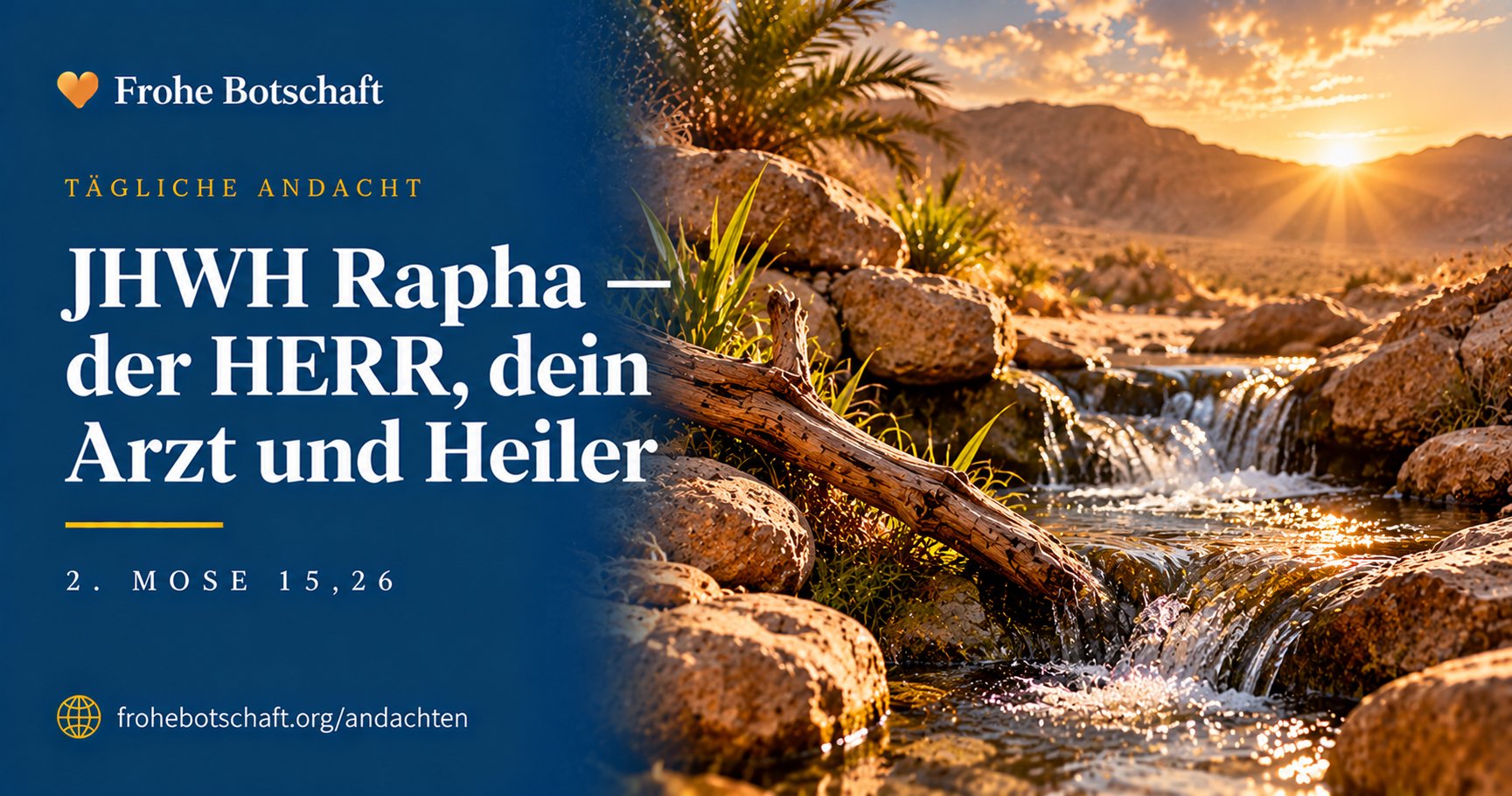Frohe Botschaft Andachtskarte „Jahwe Rapha" mit klarer  Wasserquelle in der Wüste im Morgenlicht