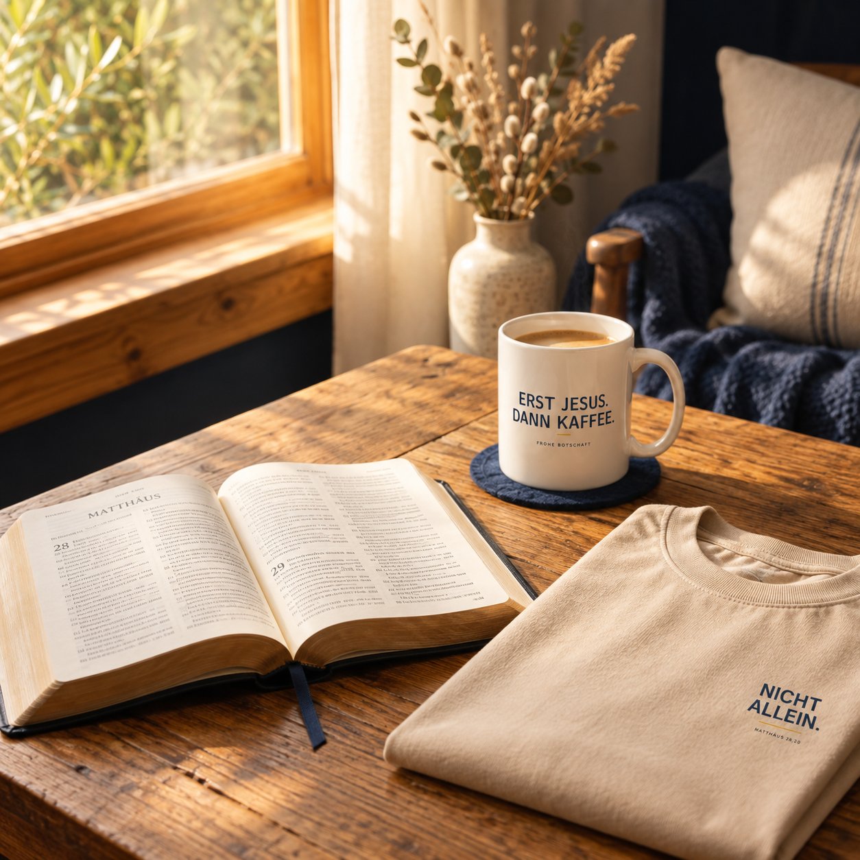 Aufgeschlagene Bibel neben Kaffeetasse und gefaltetem Shirt im Morgenlicht
