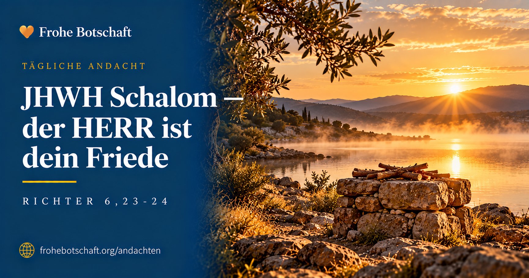 Frohe Botschaft Andachtskarte „Jahwe Schalom" mit stillem  See und Steinaltar im Morgenlicht
