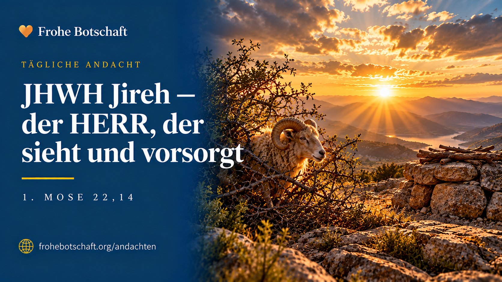 Frohe Botschaft Andachtskarte „Jahwe Jireh" mit Widder  im Gestrüpp auf einem Berg im Morgenlicht