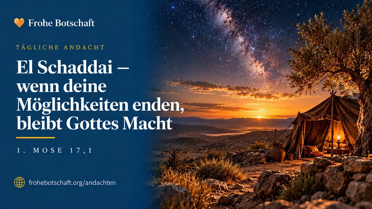 Frohe Botschaft Andachtskarte „El Schaddai" mit  Sternenhimmel über einem alten Zelt in der Wüste