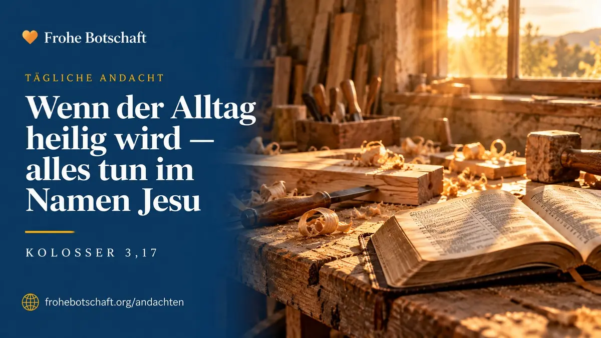 Frohe Botschaft Andachtskarte „Arbeit als Gottesdienst"  mit Werkbank und Bibel im Morgenlicht