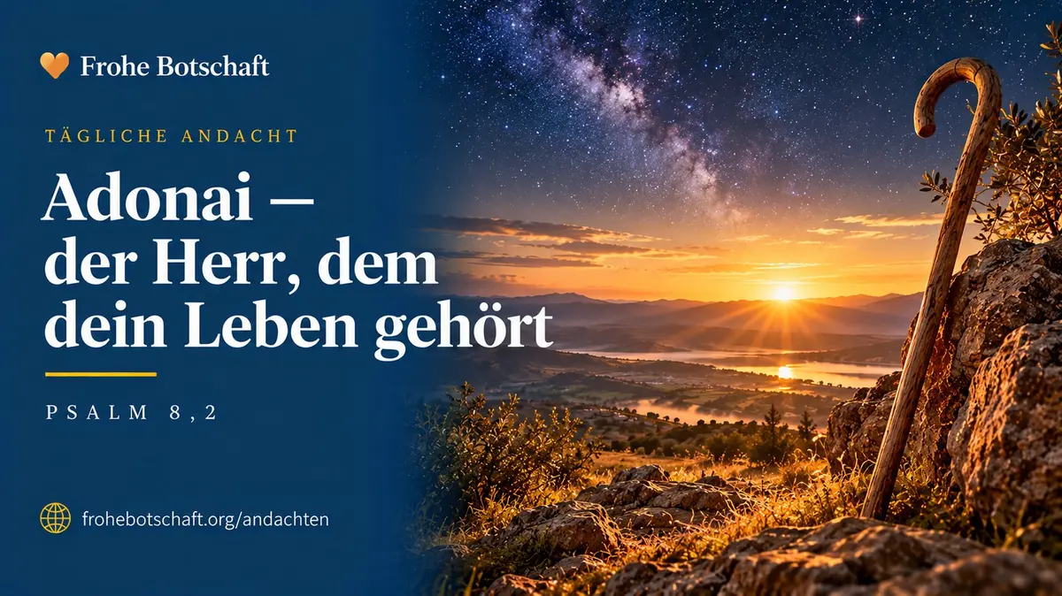 Frohe Botschaft Andachtskarte „Adonai" mit Sternenhimmel  und Hirtenstab im Morgenlicht