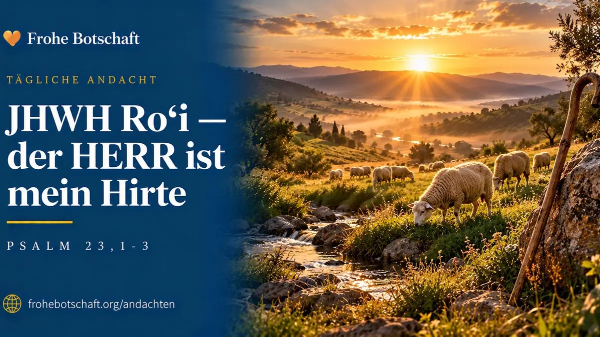 Frohe Botschaft Andachtskarte „Jahwe Rohi" mit Schafherde  an einem Bach im Morgenlicht
