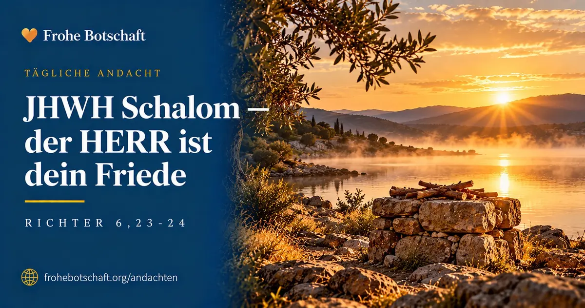 Frohe Botschaft Andachtskarte „Jahwe Schalom" mit stillem  See und Steinaltar im Morgenlicht
