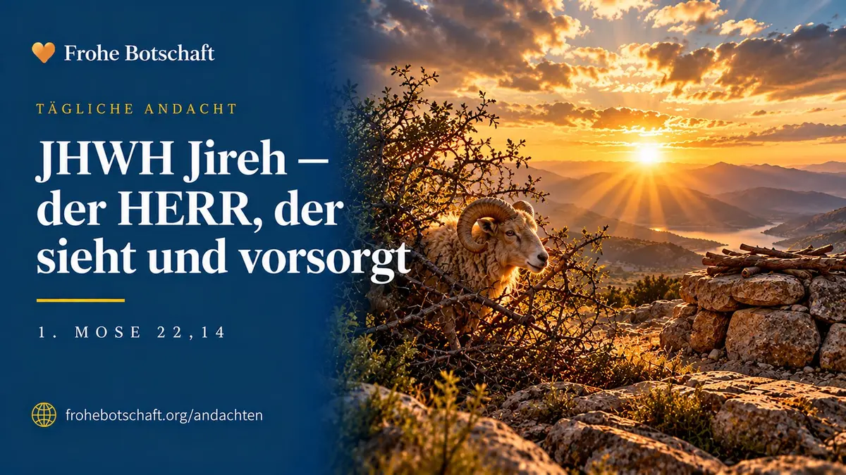 Frohe Botschaft Andachtskarte „Jahwe Jireh" mit Widder  im Gestrüpp auf einem Berg im Morgenlicht