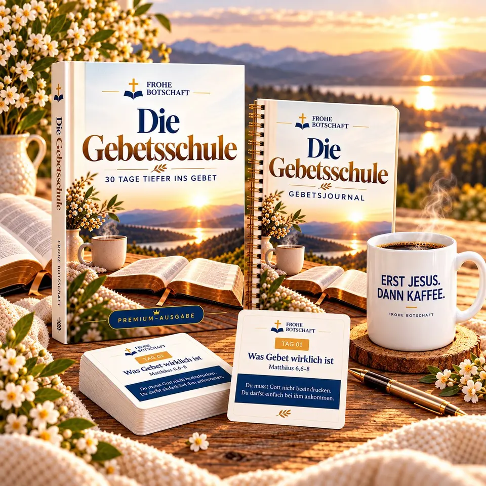     Die Gebetsschule Premium-Komplettpaket mit Hauptbuch, Gebetsjournal, 30 Tageskarten und Frohe-Botschaft-Tasse im warmen Morgenlicht