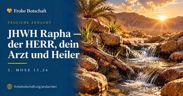 Frohe Botschaft Andachtskarte „Jahwe Rapha" mit klarer  Wasserquelle in der Wüste im Morgenlicht