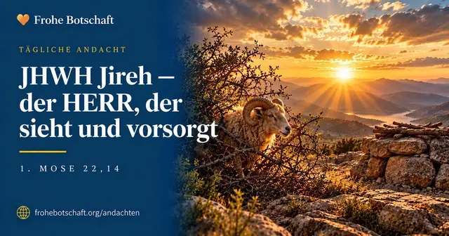 Frohe Botschaft Andachtskarte „Jahwe Jireh" mit Widder  im Gestrüpp auf einem Berg im Morgenlicht