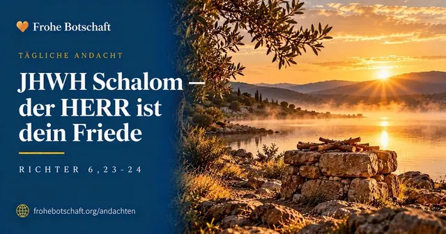 Frohe Botschaft Andachtskarte „Jahwe Schalom" mit stillem  See und Steinaltar im Morgenlicht