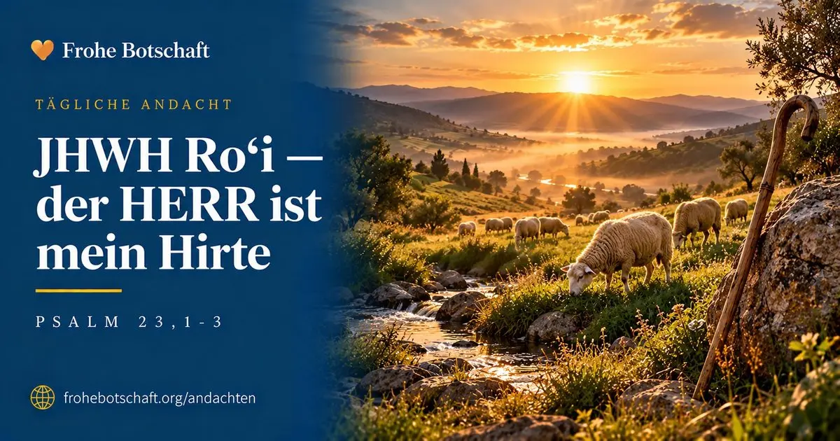 Frohe Botschaft Andachtskarte „Jahwe Rohi" mit Schafherde  an einem Bach im Morgenlicht