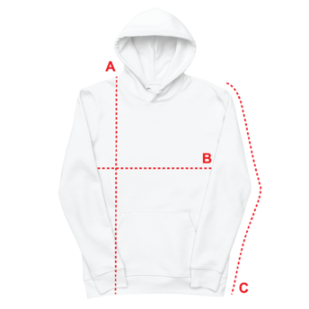 Messdiagramm Hoodie (flach liegend): A Länge vom Schulterpunkt bis Saum, B Breite unter den Ärmeln, C Ärmellänge bis zum Bündchen.