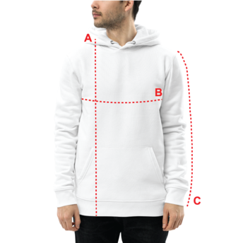 Messdiagramm Hoodie am Körper: A Länge, B Brustumfang an der breitesten Stelle, C Ärmellänge bis zum Bündchen.