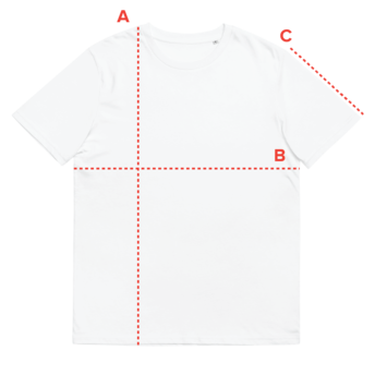 Messdiagramm T-Shirt (flach liegend): A Länge vom Schulterpunkt bis Saum, B Breite unter den Ärmeln, C Ärmellänge.
