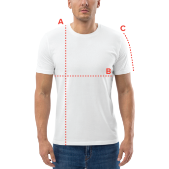 Messdiagramm T-Shirt am Körper: A Länge, B Brustumfang an der breitesten Stelle, C Ärmellänge.