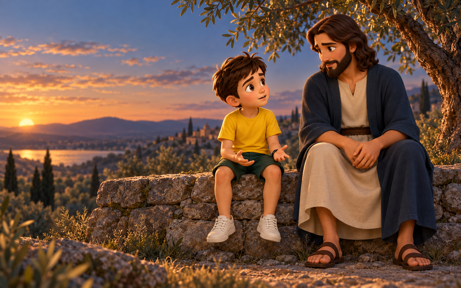 Leo sitzt neben Jesus – Buchmotiv Leo fragt Jesus