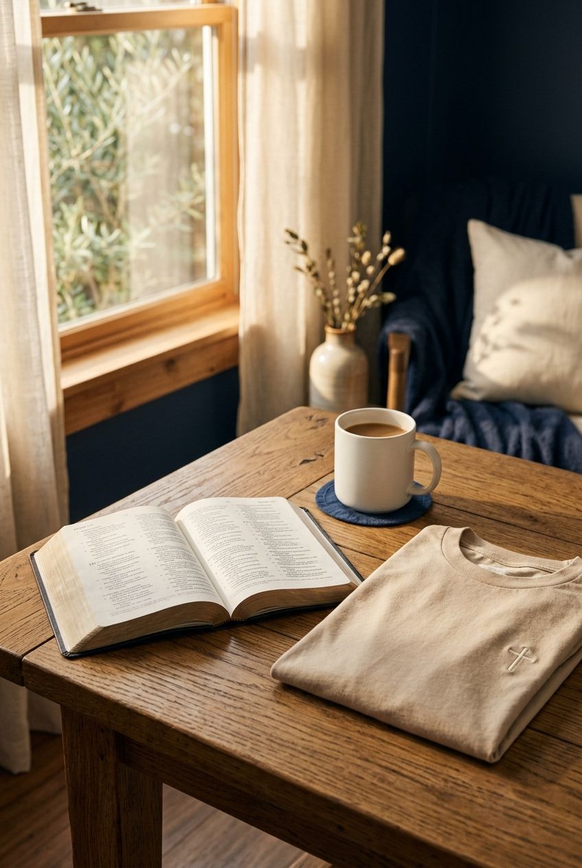 Aufgeschlagene Bibel neben Kaffeetasse und gefaltetem Shirt im Morgenlicht
